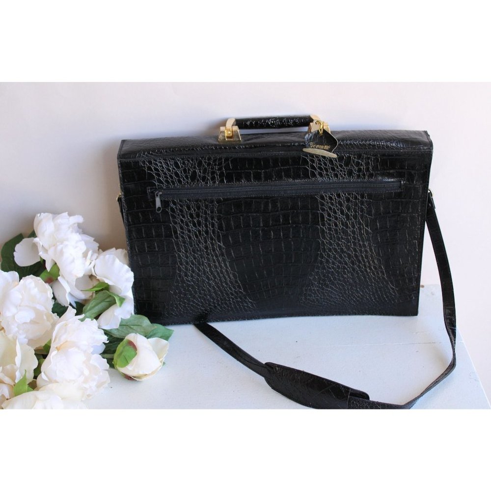 Vintage 1970s 1980s Briefcase / Stamped Leather Attache / With Lock, Handle, - Picture 7 of 10